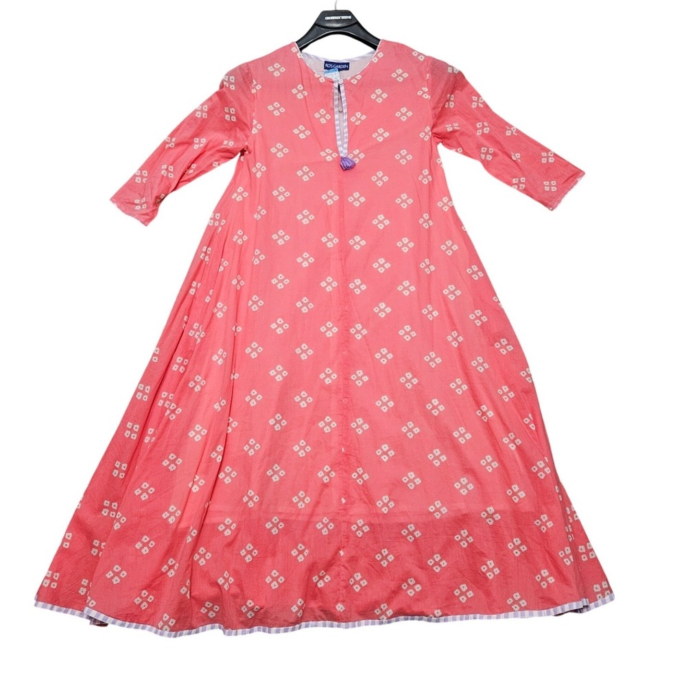 Ro's Garden Maxi Dress Womens XS Coral Pink Cotton Block Tassel Cottagecore NWT